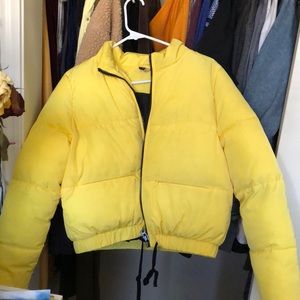 cropped yellow puffer jacket